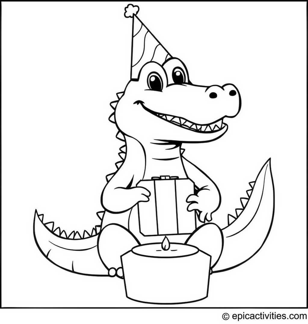 Coloring page of a Cute Cartoon Crocodile at a Birthday Party