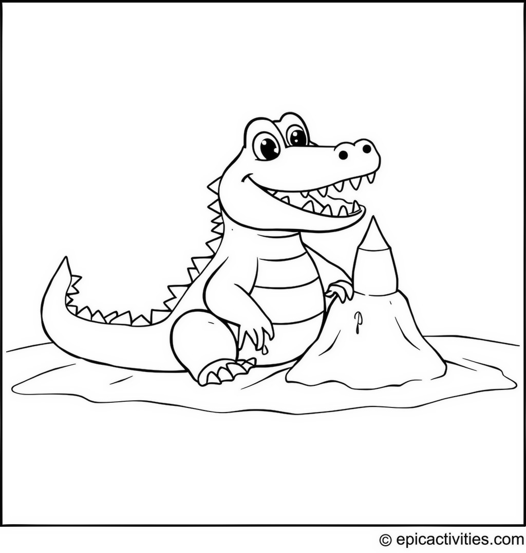 Coloring page of a cute cartoon crocodile building a sandcastle at the beach