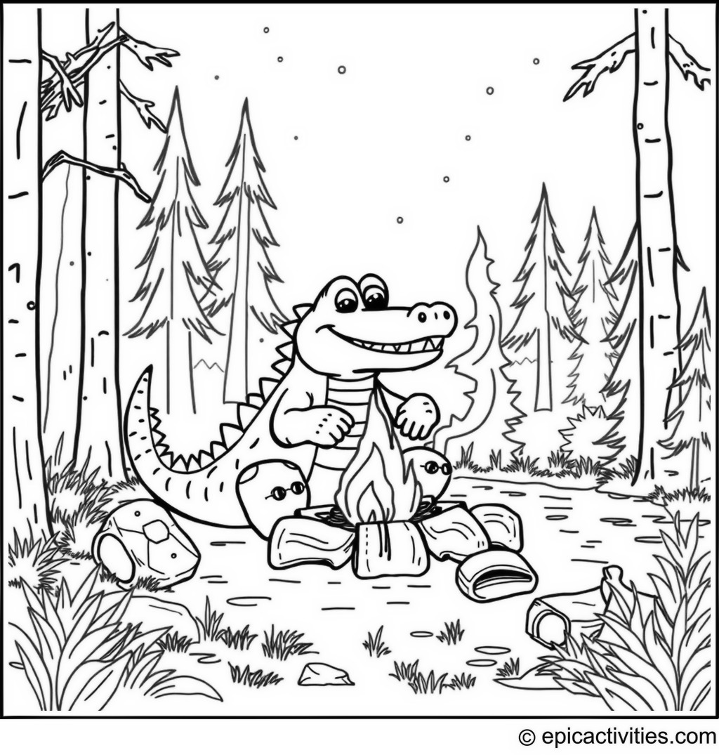 Coloring page of a Cute Cartoon Crocodile Camping in the Woods