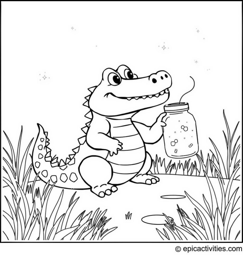 Coloring page of a cute cartoon crocodile catching fireflies with a jar