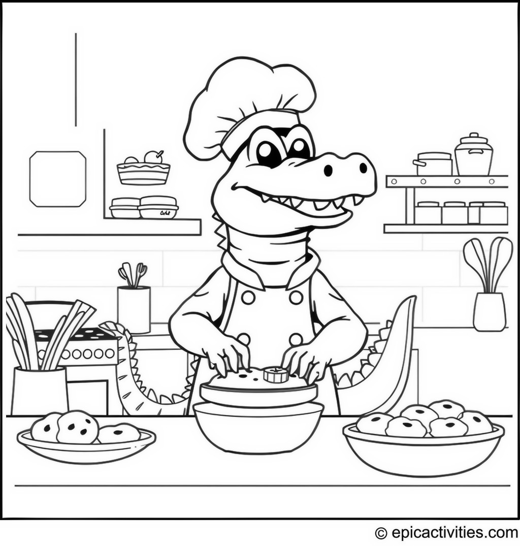 Coloring page of a Cute Cartoon Crocodile Chef Baking Cookies
