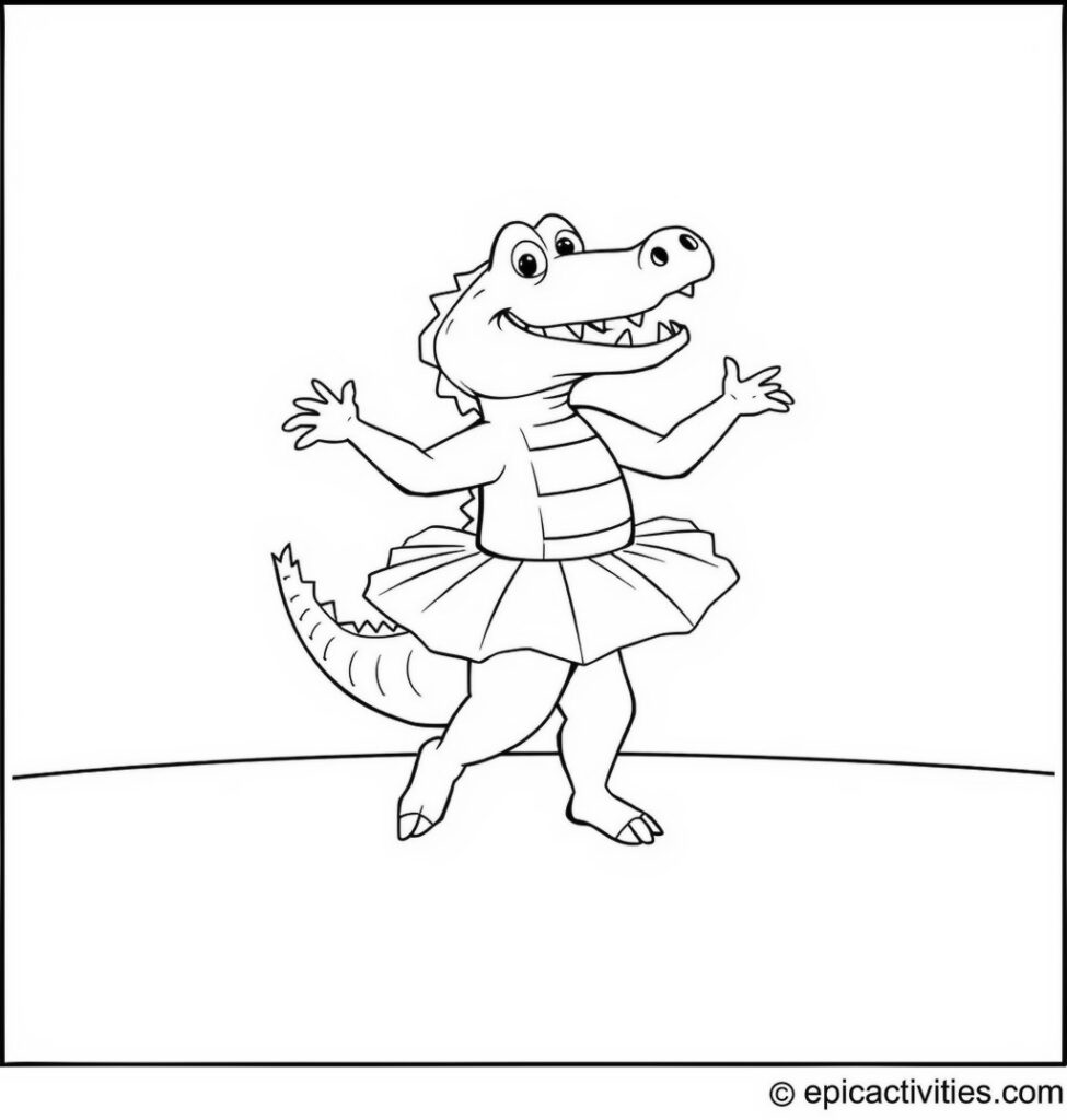 Coloring page of a Cute Cartoon Crocodile Dancing Ballet in a Tutu on Stage