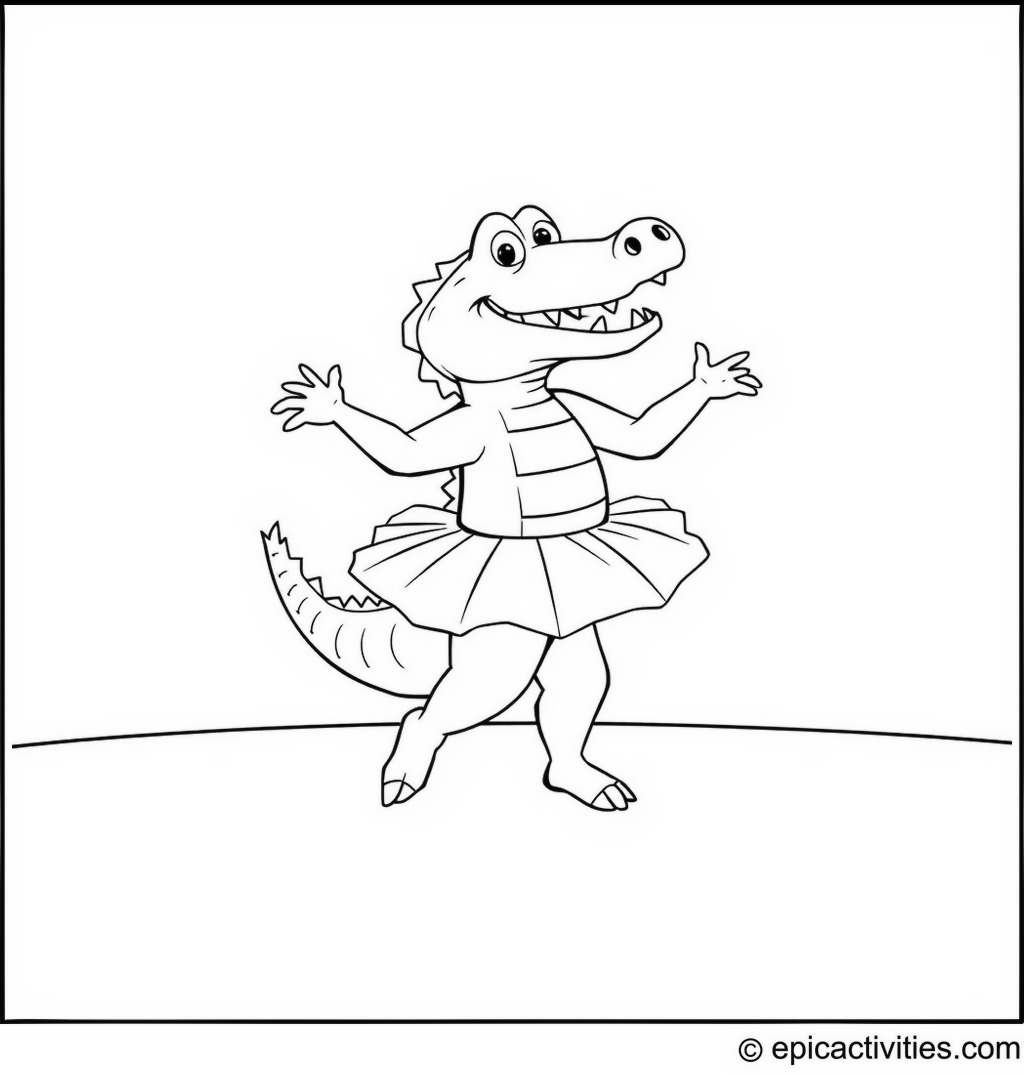 Coloring page of a Cute Cartoon Crocodile Dancing Ballet in a Tutu on Stage