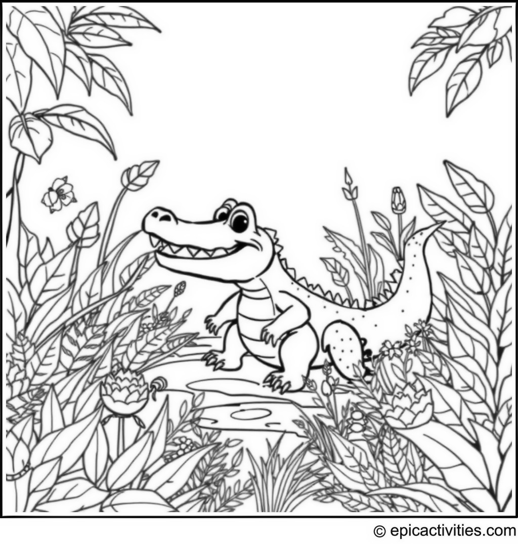 Coloring page of a Cute Cartoon Crocodile Exploring a Jungle