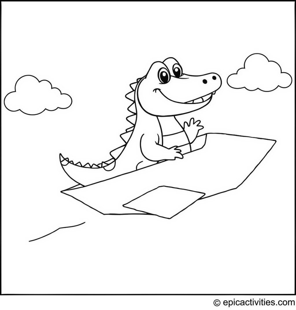 Coloring page of a Cute Cartoon Crocodile Flying in a Cardboard Airplane