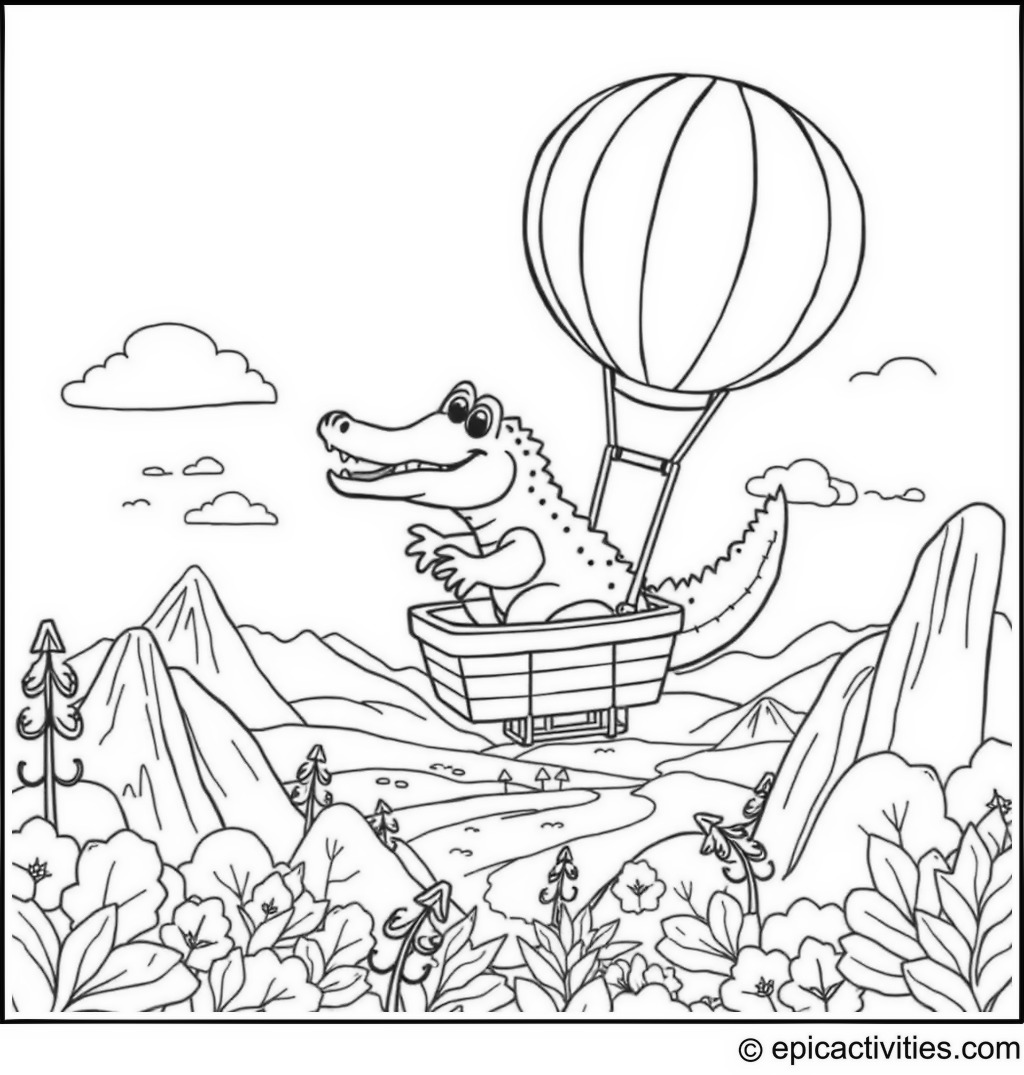 Coloring page of a cute cartoon crocodile flying in a hot air balloon