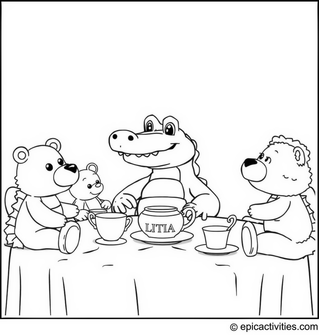 Coloring page of a Cute Cartoon Crocodile Having a Tea Party with Stuffed Animal Friends