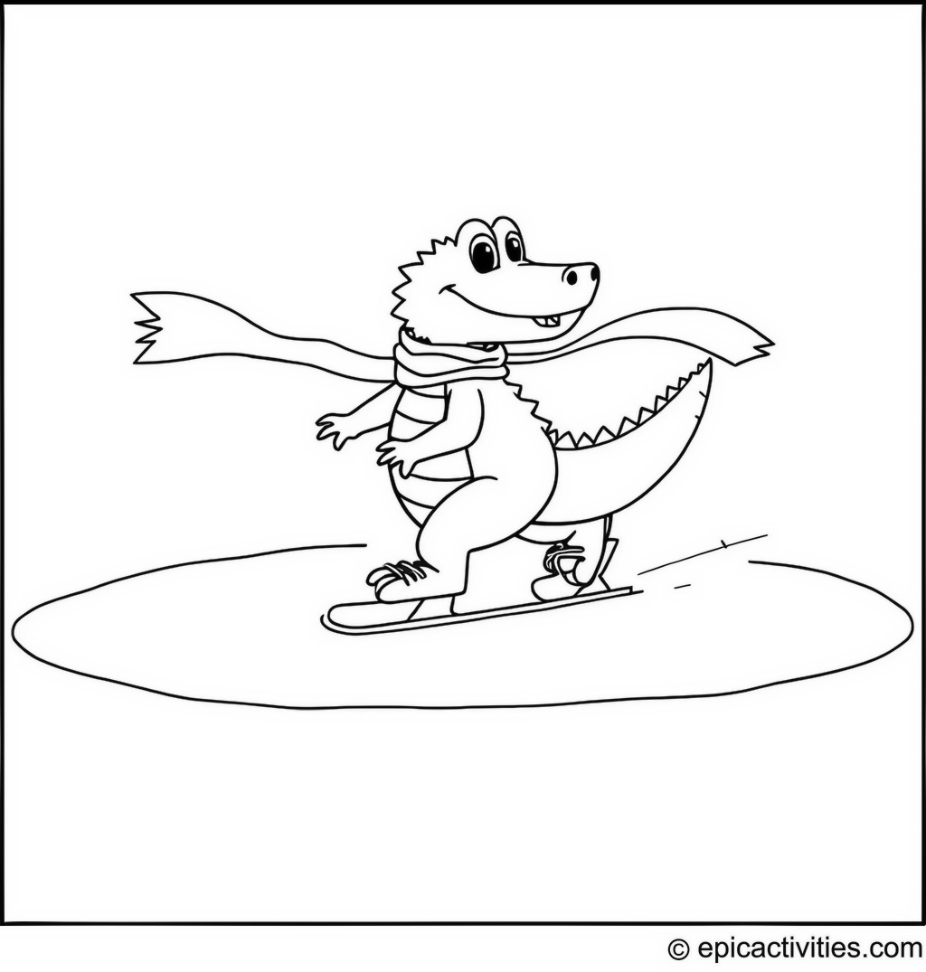 Coloring page of a Cute Cartoon Crocodile Ice Skating