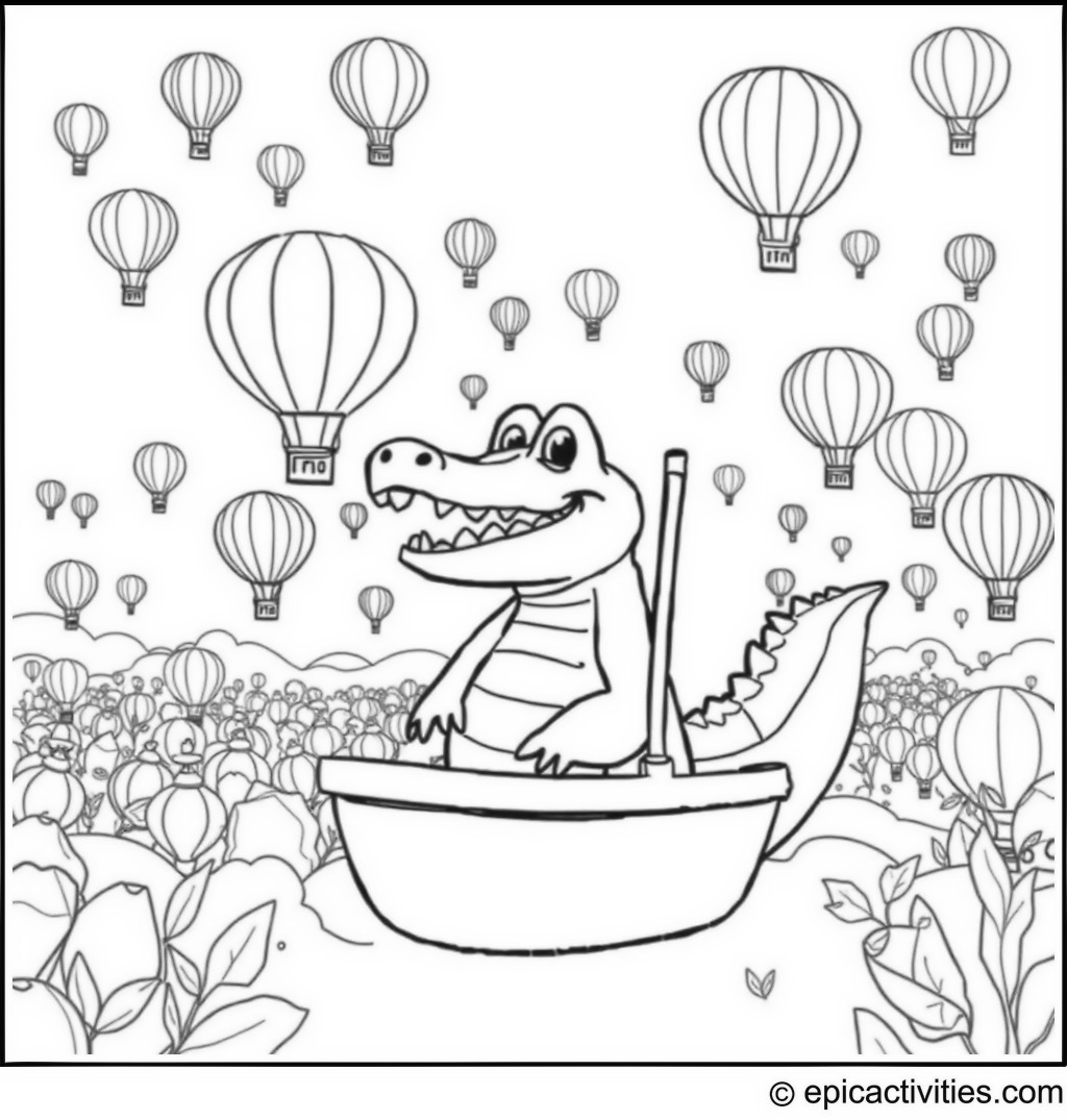Coloring page of a Cute Cartoon Crocodile in a Hot Air Balloon Competition