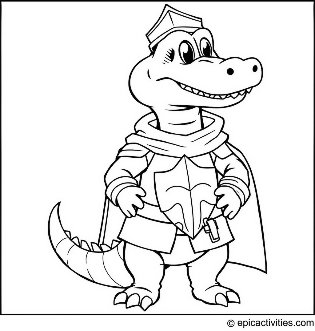 Coloring Page of a Cute Cartoon Crocodile in a Medieval Knight Costume School Play