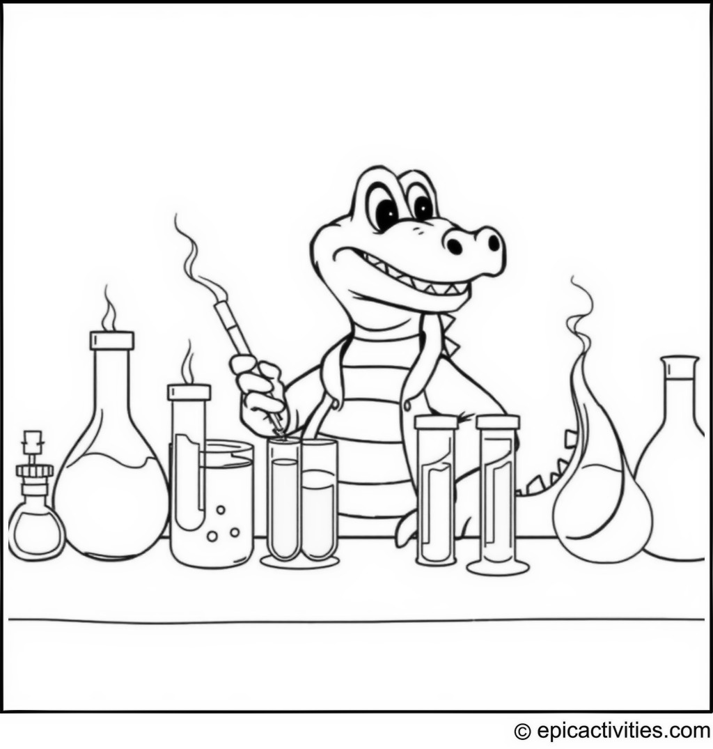 Coloring page of a Cute Cartoon Crocodile Mixing Colorful Potions in a Laboratory