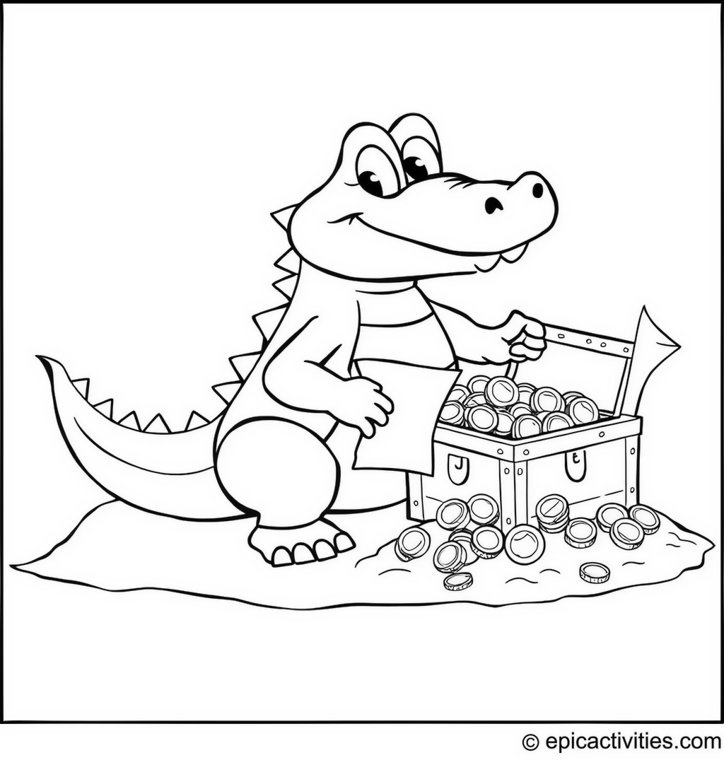 Coloring page of a cute cartoon crocodile on a treasure hunt