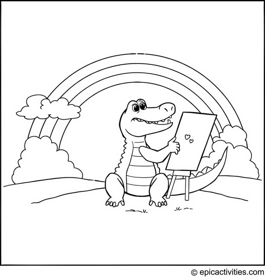Coloring page of a cute cartoon crocodile painting a huge rainbow in the sky