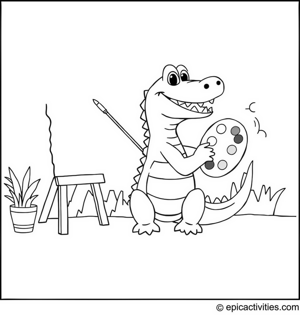 Coloring page of a cute cartoon crocodile painting a mural with a rainbow palette