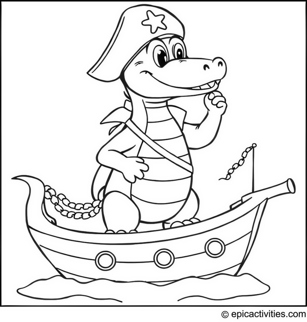 Coloring page of a cute cartoon crocodile pirate on a ship
