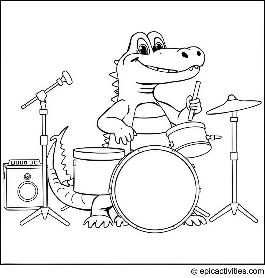 Coloring page of a cute cartoon crocodile playing the drums in a cartoon rock band