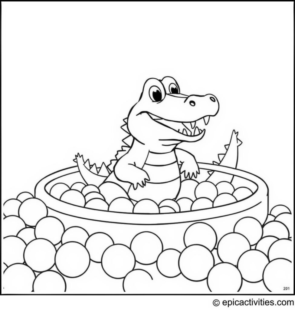 Coloring page of a Cute Cartoon Crocodile Playing in a Colorful Ball Pit