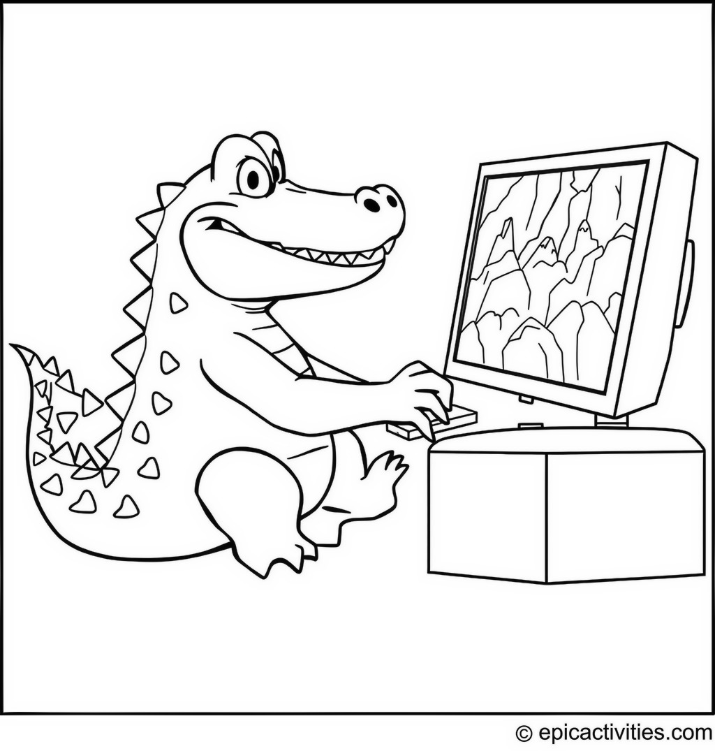 Coloring page of a Cute Cartoon Crocodile Playing Video Games