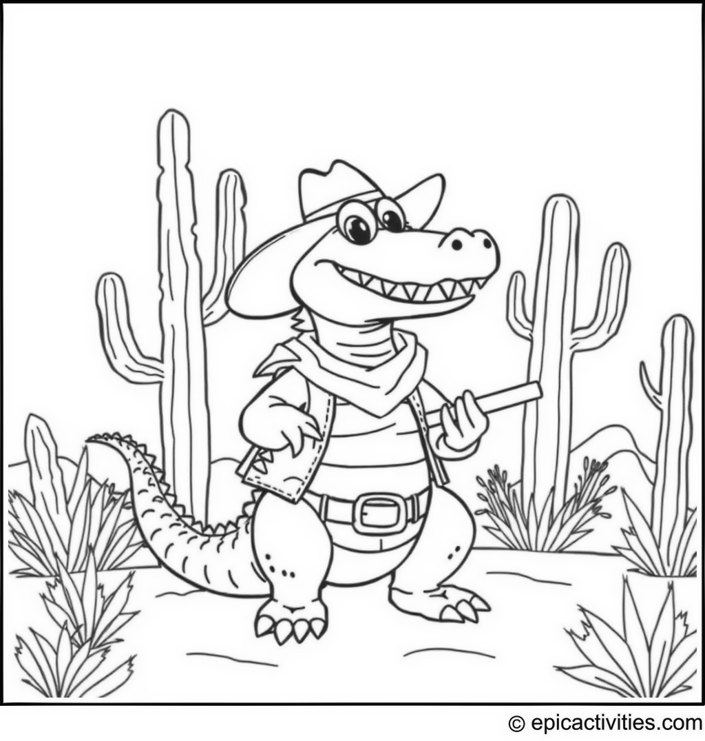 Coloring page of a cute cartoon crocodile playing cowboy in a wild west setting