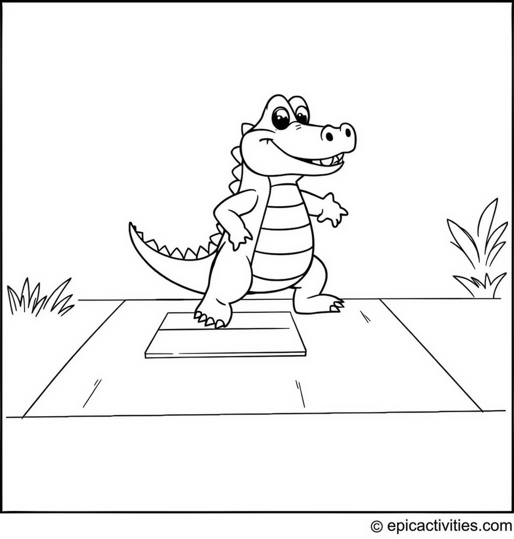Coloring page of a cute cartoon crocodile playing hopscotch