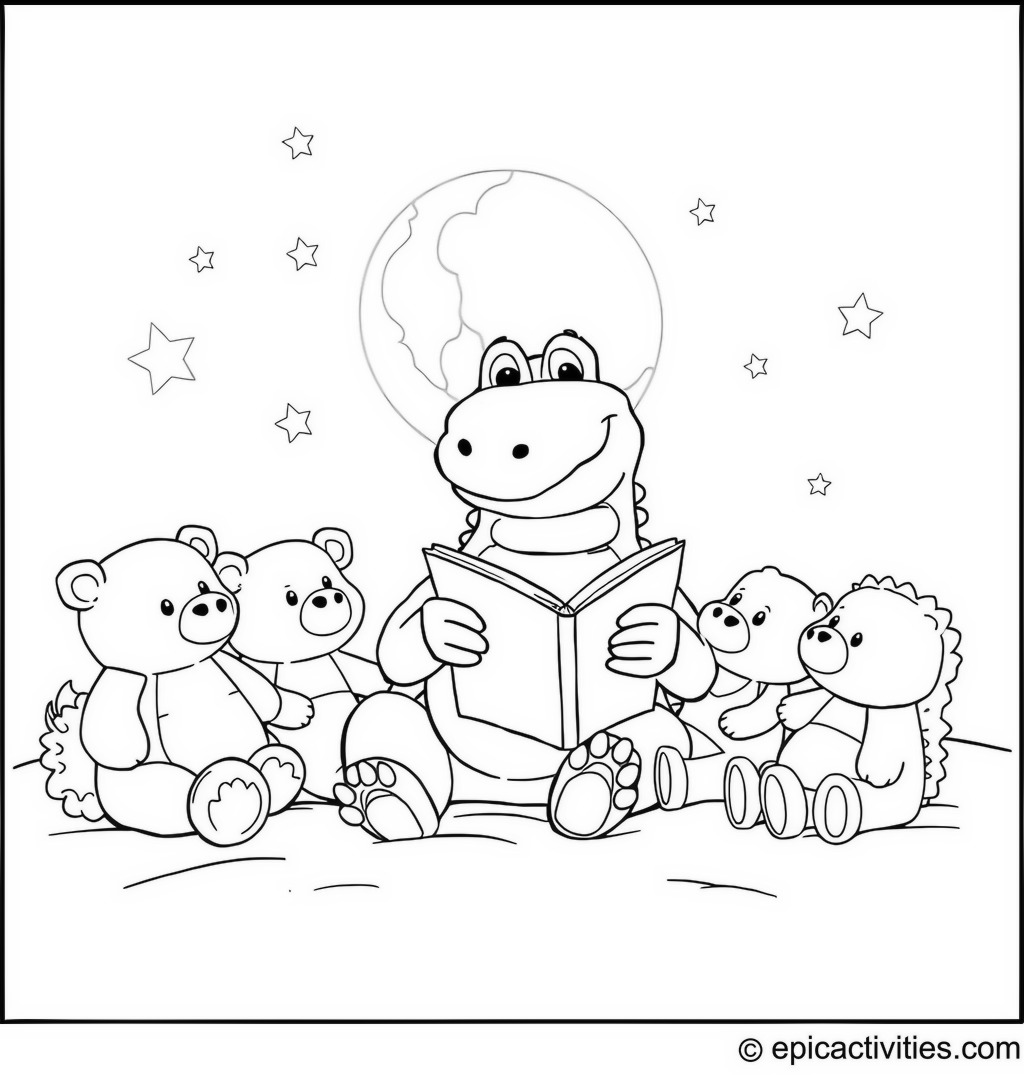 Coloring page of a cute cartoon crocodile reading a bedtime story to stuffed animals under the moon and stars