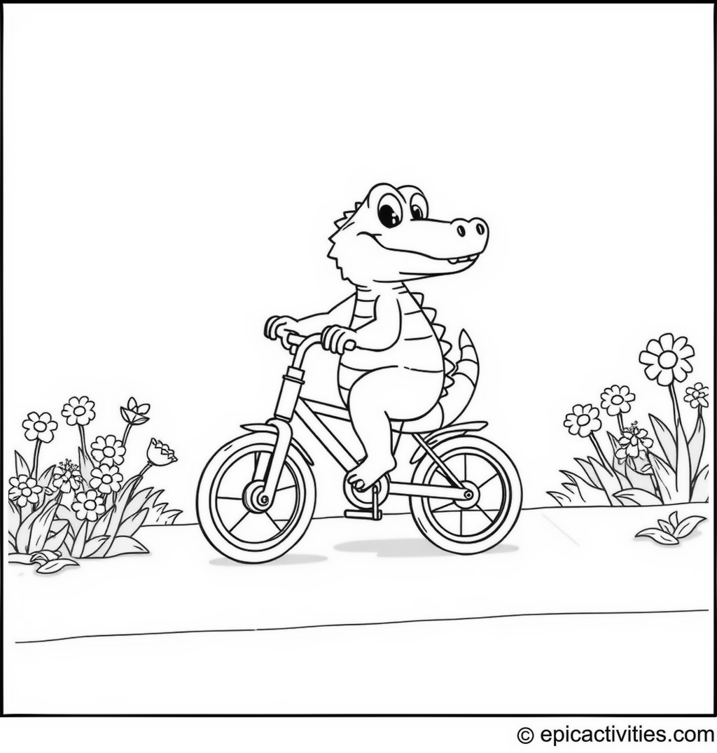Coloring page of a cute cartoon crocodile riding a tricycle