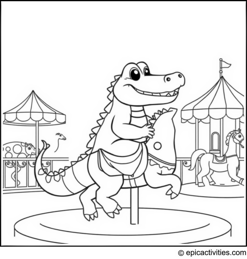 Coloring page of a cute cartoon crocodile riding a carousel horse at a fairground