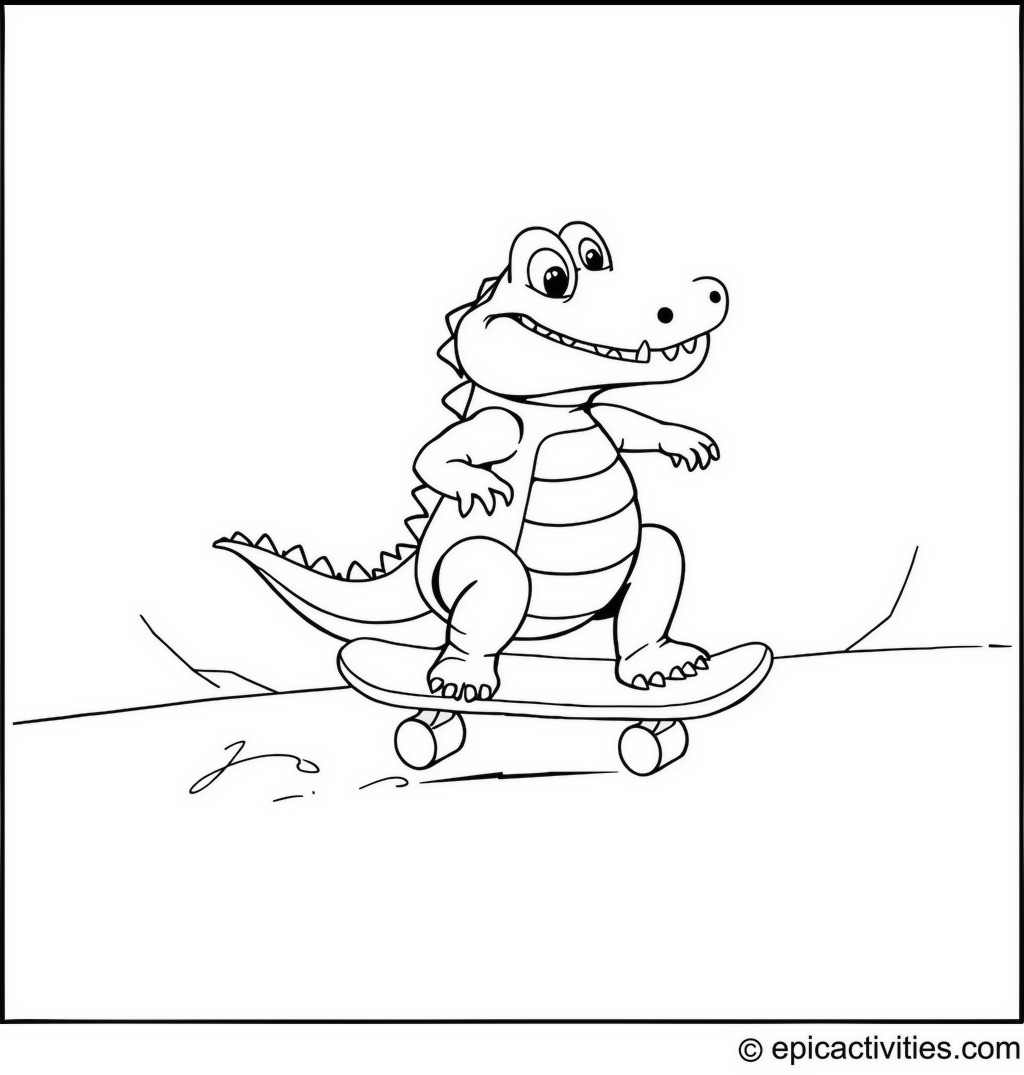 Coloring page of a cute cartoon crocodile riding a skateboard at the skate park