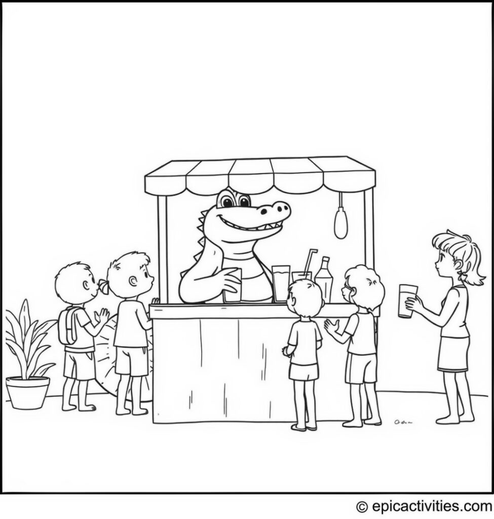 Coloring page of a Cute Cartoon Crocodile Running a Lemonade Stand