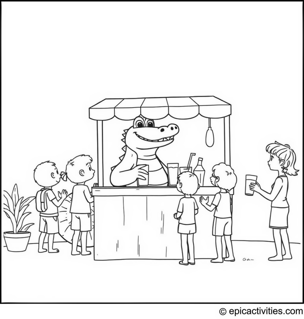 Coloring page of a Cute Cartoon Crocodile Running a Lemonade Stand