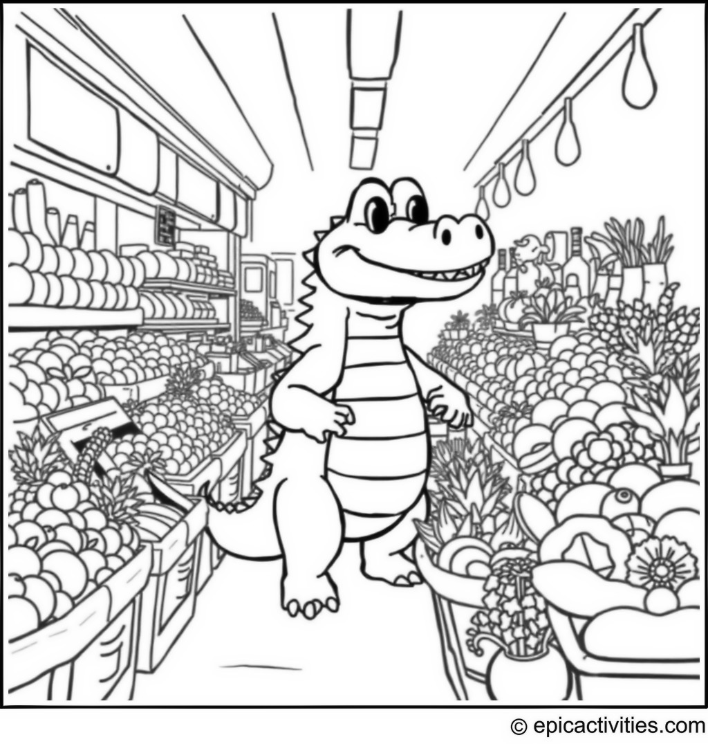 Coloring page of a cute cartoon crocodile shopping for groceries in a colorful market