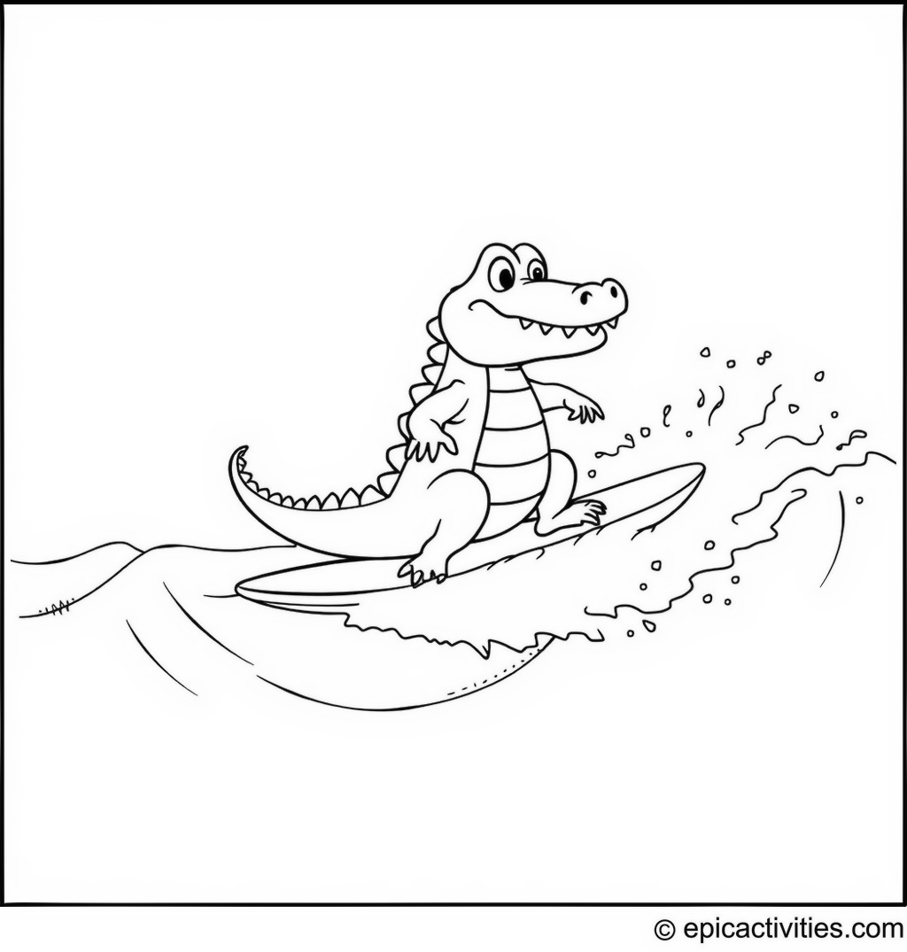 Coloring page of a cute cartoon crocodile surfing on big waves at a cartoon beach