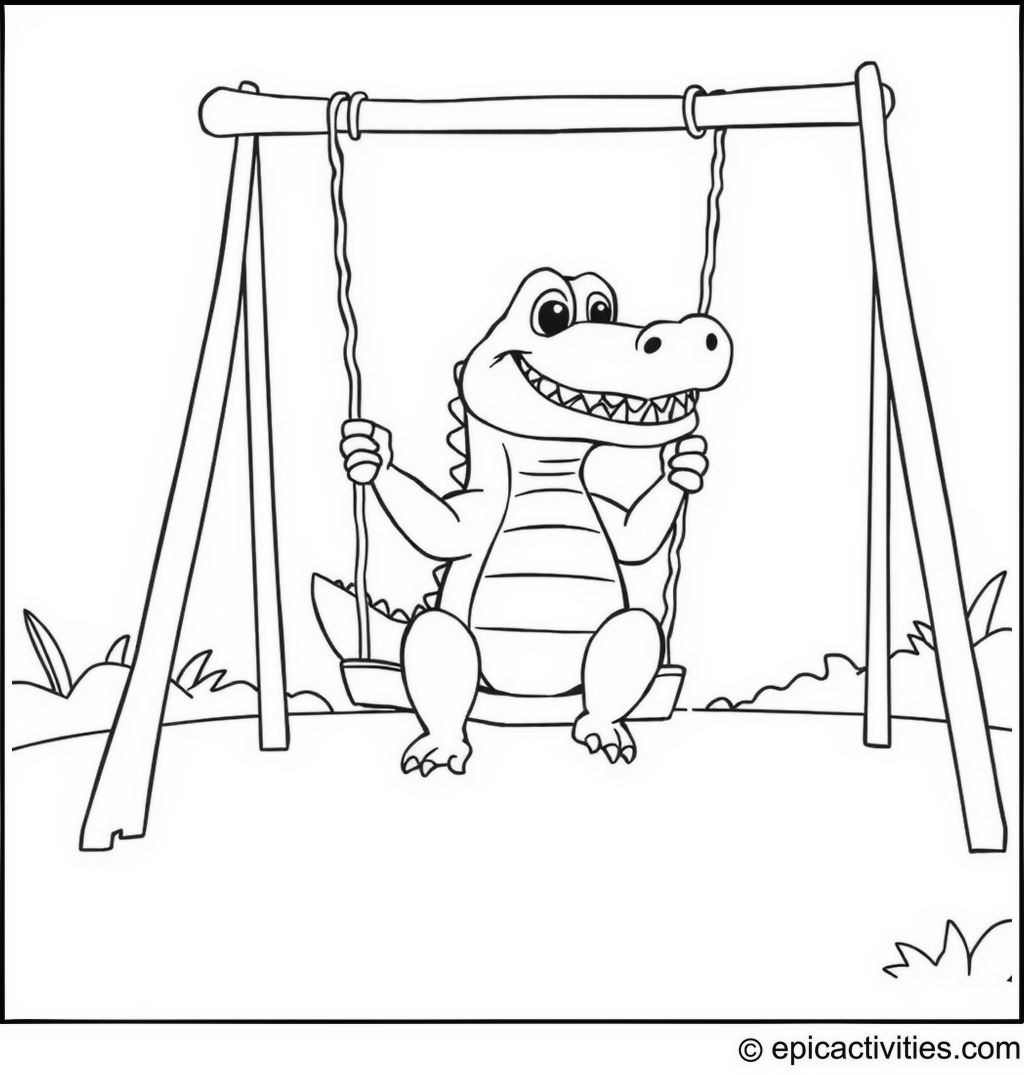 Coloring page of a Cute Cartoon Crocodile Swinging on a Swing Set