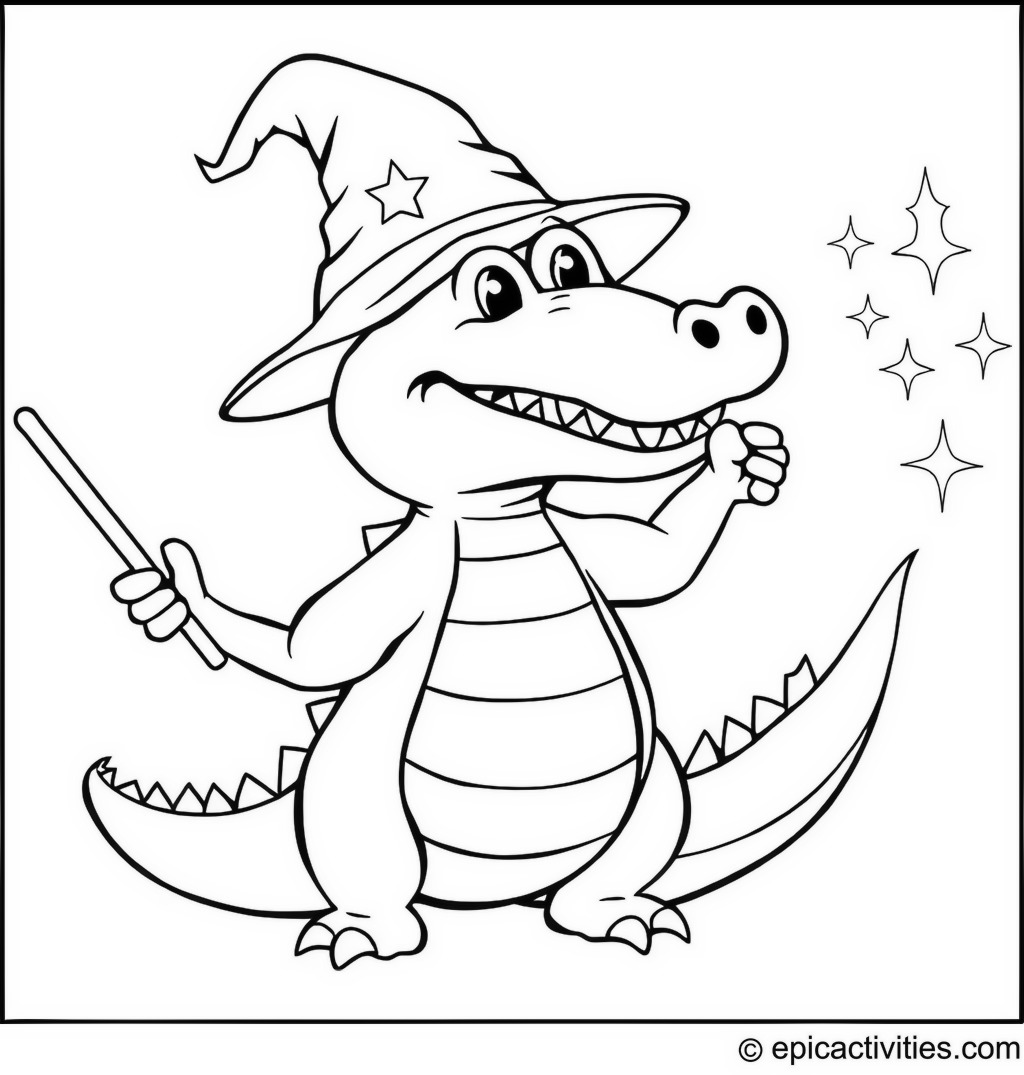 Coloring page of a Cute Cartoon Crocodile Wizard Casting Magic Spells