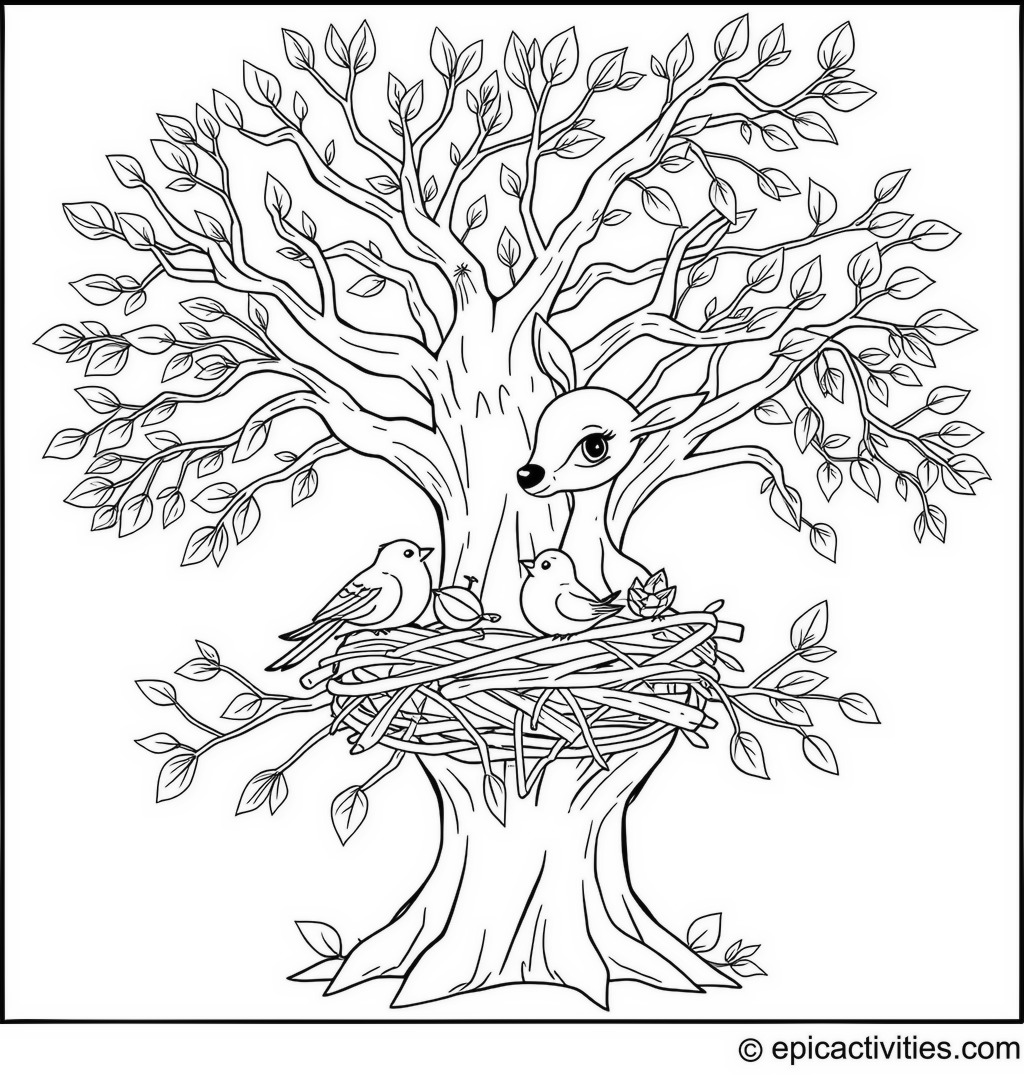 Coloring page of a cute cartoon deer helping birds build their nest in a detailed tree