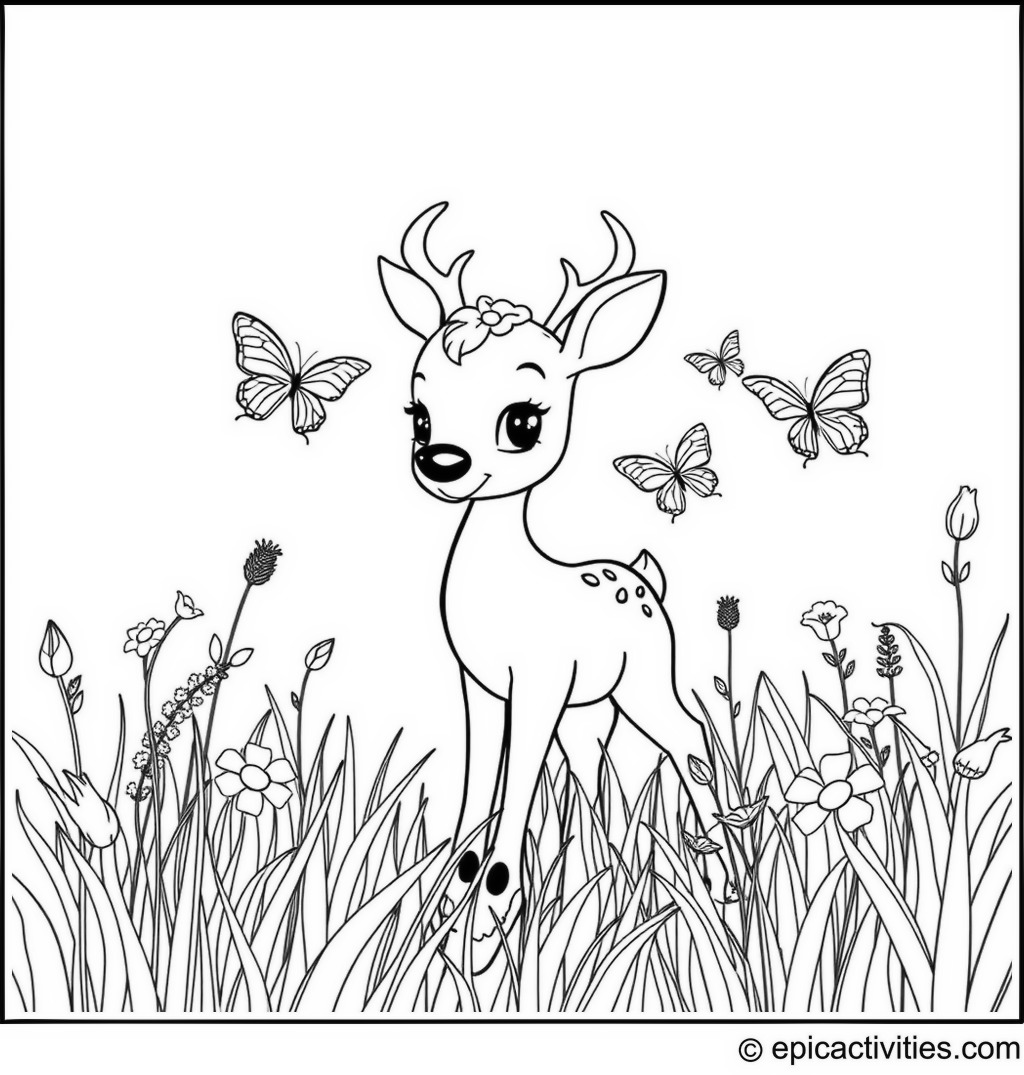 Coloring page of a cute cartoon deer making friends with butterflies in a meadow