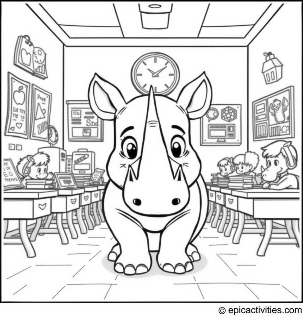 Coloring page of a cute cartoon rhino at a detailed cartoon school