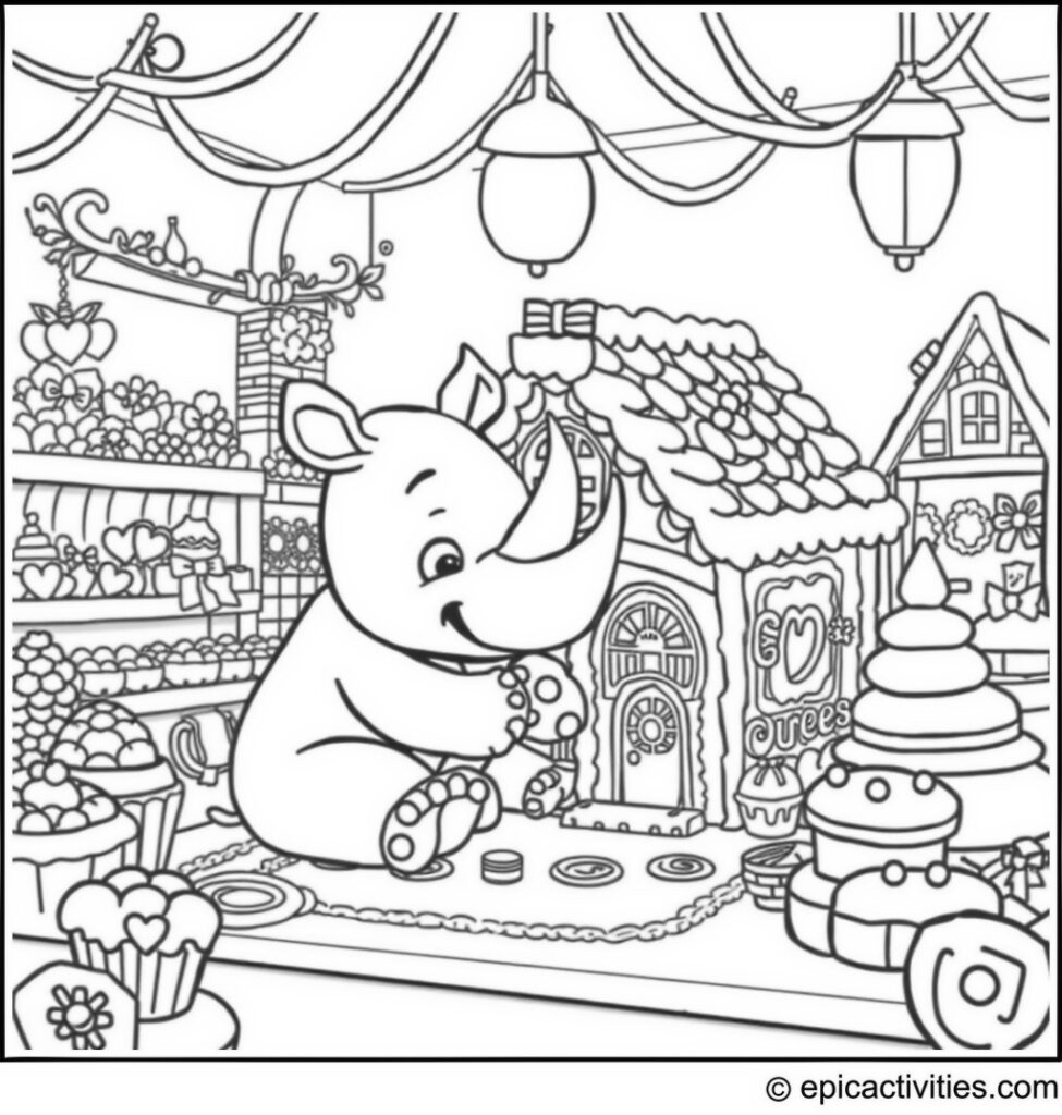 Coloring page of a Cute Cartoon Rhino Building a Gingerbread House in a Whimsical Bakery