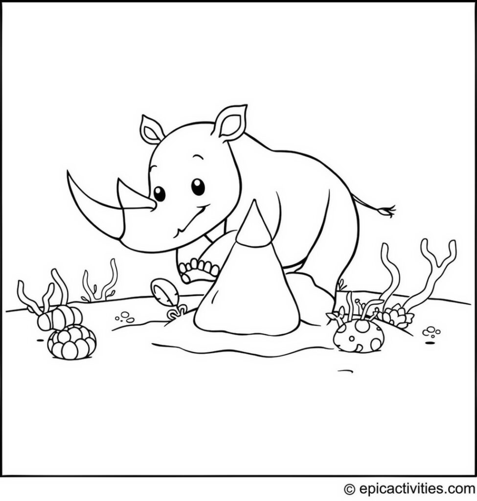 Coloring page of a Cute Cartoon Rhino Building a Sandcastle with Whimsical Sea Creatures in a Simple Beach Scene
