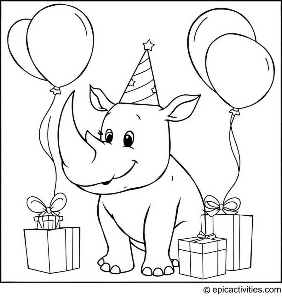 Coloring page of a Cute Cartoon Rhino Celebrating a Birthday