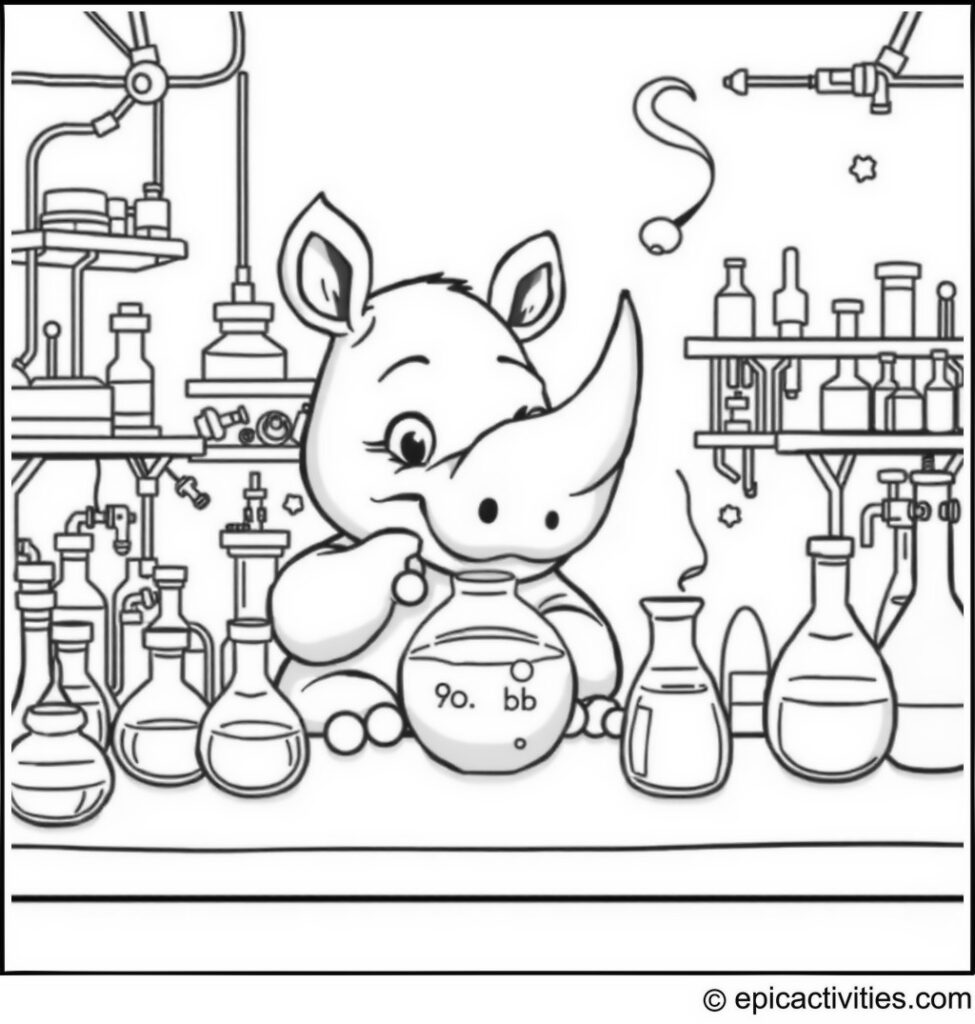 Coloring page of a Cute Cartoon Rhino Conducting a Science Experiment in a Whimsical Laboratory