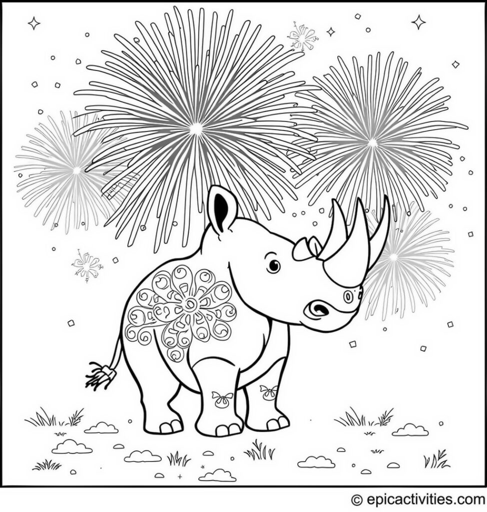 Coloring page of a cute cartoon rhino creating a fireworks display