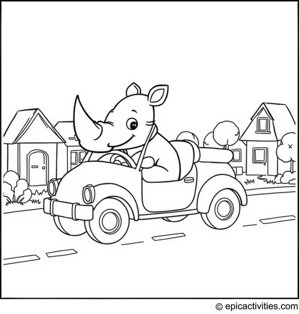 Coloring page of a Cute Cartoon Rhino Driving a Whimsical Car in a Cartoon Town
