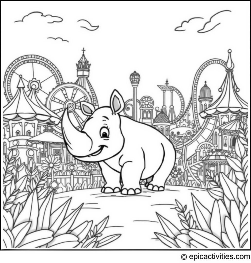 Coloring page of a cute cartoon rhino enjoying an amusement park adventure