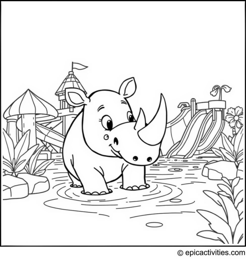 Coloring page of a Cute Cartoon Rhino Enjoying a Water Park Adventure