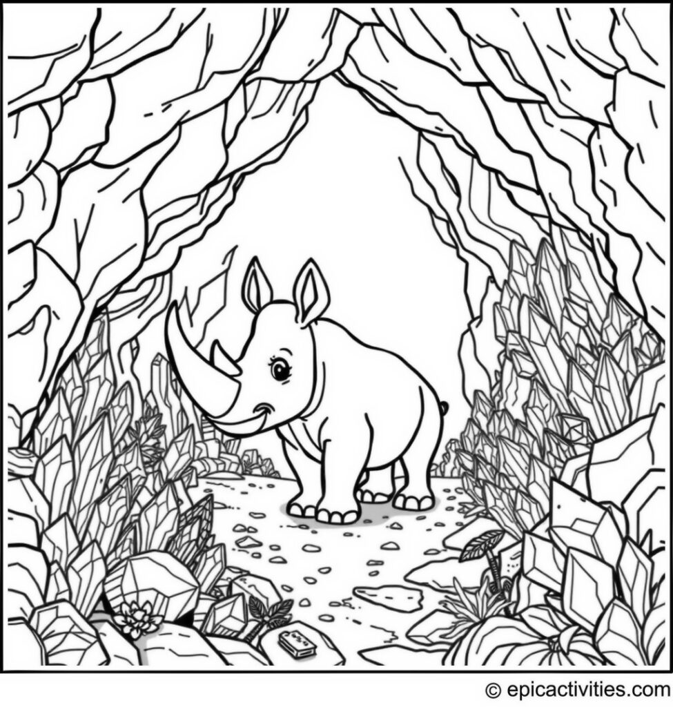 Coloring page of a cute cartoon rhino exploring a whimsical crystal-filled cave