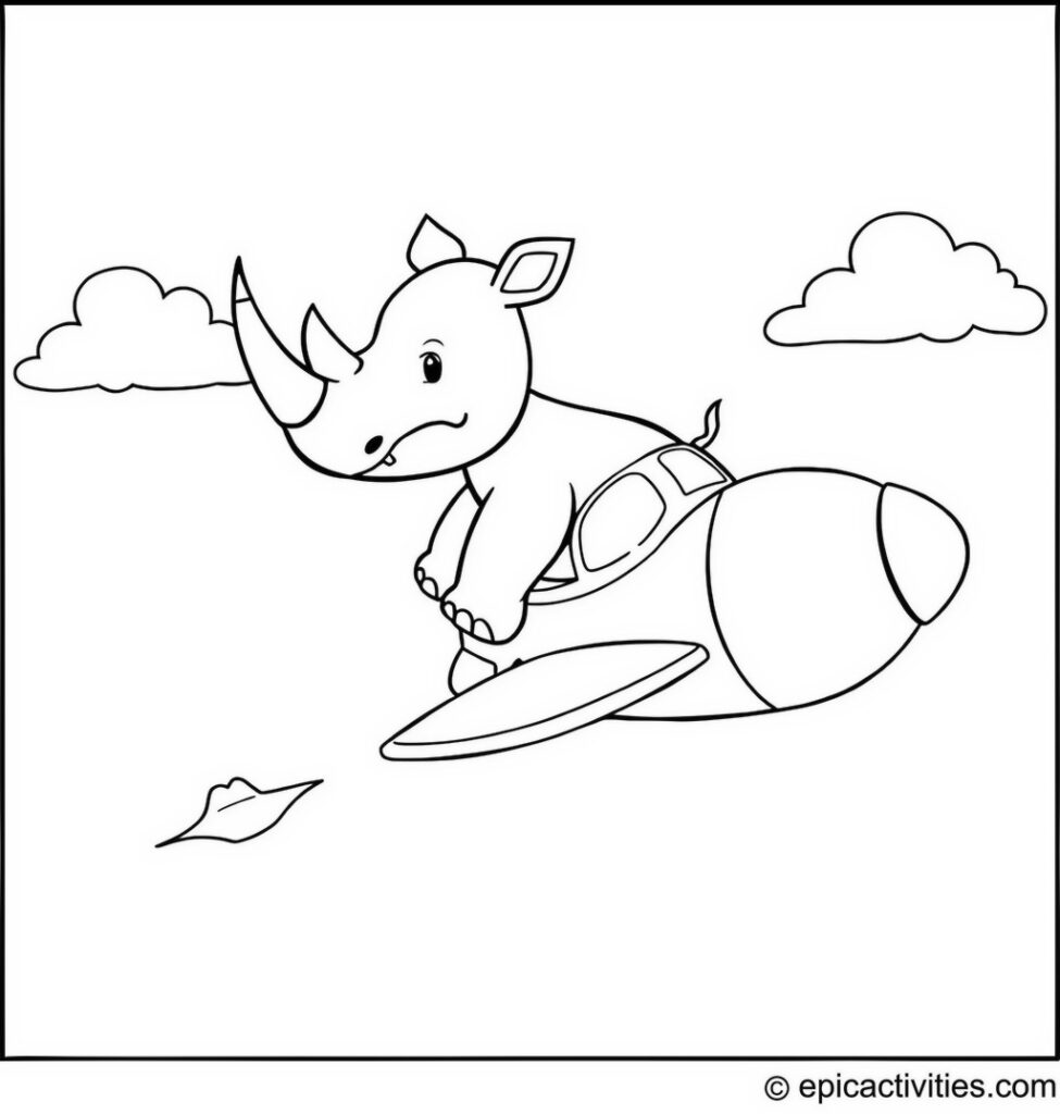 Coloring page of a cute cartoon rhino flying a whimsical plane
