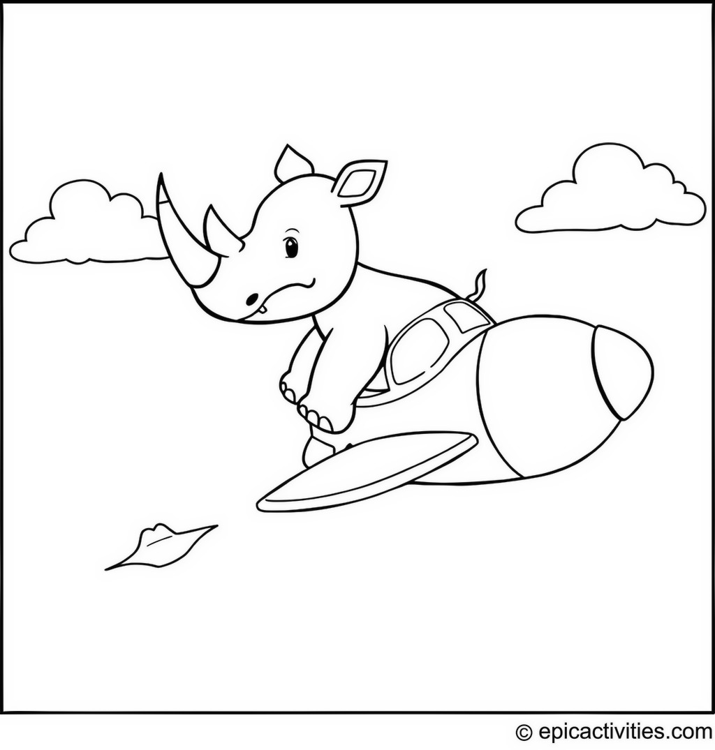 Coloring page of a cute cartoon rhino flying a whimsical plane