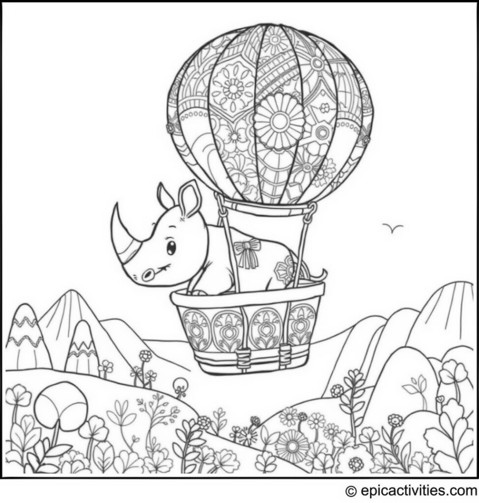 Coloring page of a cute cartoon rhino flying in a patchwork hot air balloon