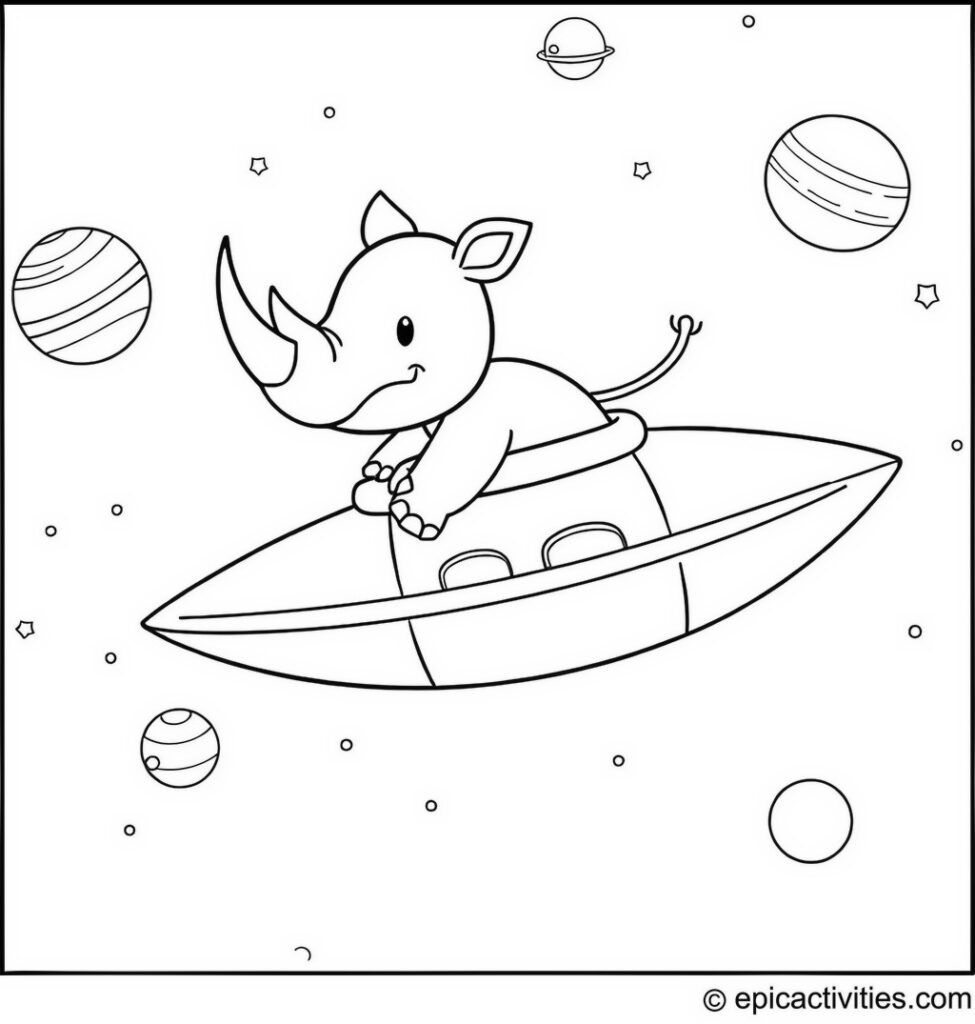 Coloring page of a Cute Cartoon Rhino Flying a Spaceship in Whimsical Outer Space